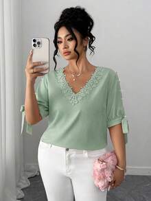 Elenzga Áo kiểu nữ cỡ lớn thanh lịch, trễ vai, cổ tròn, tay lửng, bèo nhún, buộc dây, đính ngọc trai. - màu xanh lá - Xem 3
