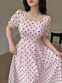 Modelyn 粉色波点收腰喇叭连衣裙，饰有3D立体花卉图案，女款 - 粉色 - 查看 7