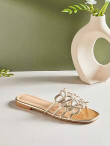 SHUZIA 女士优雅镂空花卉图案平底凉鞋 - 金色 - 查看 5