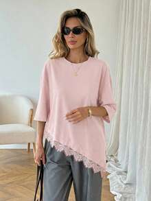 SHEIN LUNE Women's Casual Solid Color Asymmetrical Hem Lace Patchwork T-Shirt, Basic Everyday Wear For Spring & Summer,Summer Top - Baby Pink - View 6