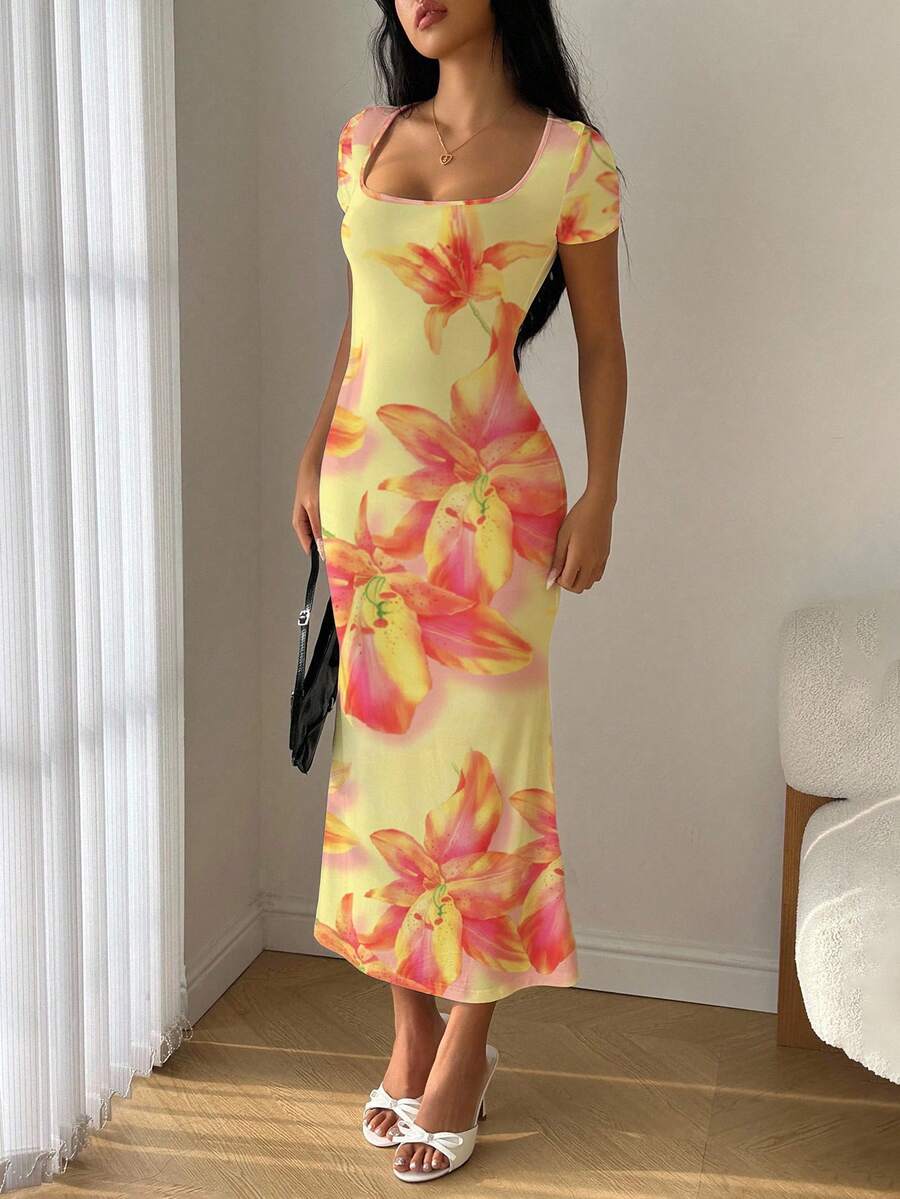 Modelyn Summer Square Neck Mermaid Ruffle Hem Bodycon Dress - Multicolor - View 1