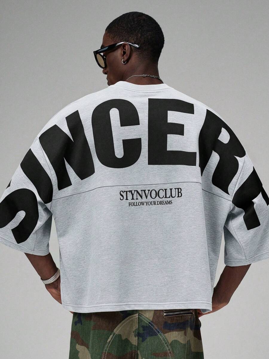 STYNVO Men's Casual Letter Print Round Neck Drop Shoulder T-Shirt - Grey - View 1