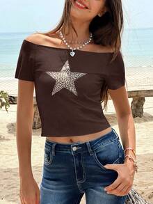 Jouncy 女士露肩五角星印花T恤 - 咖啡棕 - 查看 4