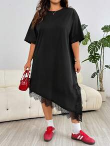 Plus Size Solid Color Minimalist Daily Wear Lace Patchwork Round Neck Short Sleeve Dress - Black - View 4
