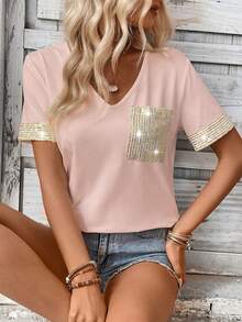 SHEIN LUNE Áo thun nữ cổ chữ V lấp lánh với họa tiết chắp vá, áo thun in hình đồ họa. - Hồng - Xem 3