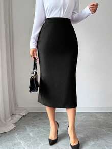 Elenzga Falda plisada elegante y ajustada para mujer de talla grande, primavera/verano - Negro - Ver 2