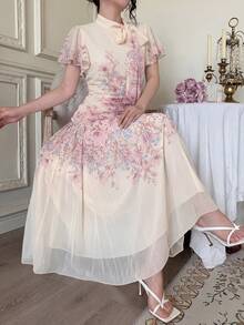 Modelyn 女士系带腰部褶皱印花喇叭连衣裙 - 粉色 - 查看 4