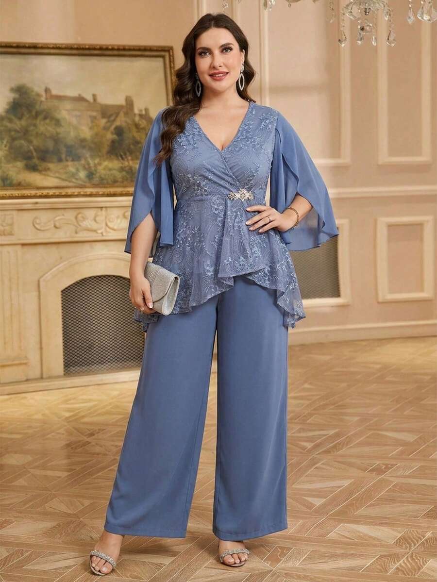 Reflora Plus Size Elegant Dusty Blue Floral Print 2-Piece Set,Autumn Wedding Guest For Women,Fancy Formal Party Top & Wide Leg Pants Wedding Outfits - Blue - View 1