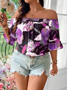 Vionelle Blus Off-Shoulder Motif Bunga Ukuran Plus - Purple - View 5