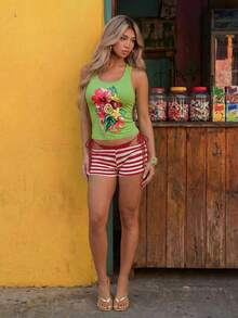 ROMWE Avant Women's All-Match Versatile Tropical Fruit & Hibiscus Print Camisole - Green - View 4