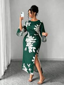 Elenzga Đầm maxi cỡ lớn dành cho nữ, thanh lịch, tối giản, thích hợp mặc đi làm hàng ngày, hẹn hò, dự tiệc, gợi cảm, xẻ tà ở cổ tay, ôm sát, màu mơ, họa tiết hoa đen. - Màu xanh lá cây đậm - Xem 5