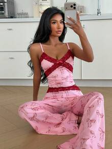 Women's Sweet Ins Contrast Color Bow Print Patchwork Criss-Cross Lace Bow Camisole And Flare Pants Sleepwear Set, Comfortable And Slimming - Pink - View 5