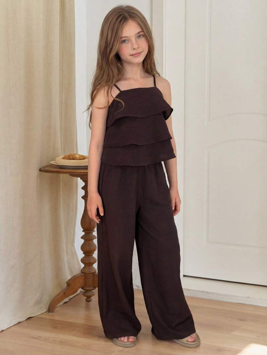 DAZY Tween Girl Casual Ruffle Trim Cropped Cami Top And Wide Leg Pants Set - Brown - View 1