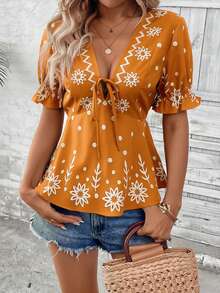 Hotletica Áo kiểu nữ phong cách Bohemian, thêu họa tiết, buộc dây, xếp nếp, thích hợp cho kỳ nghỉ. - trái cam - Xem 6