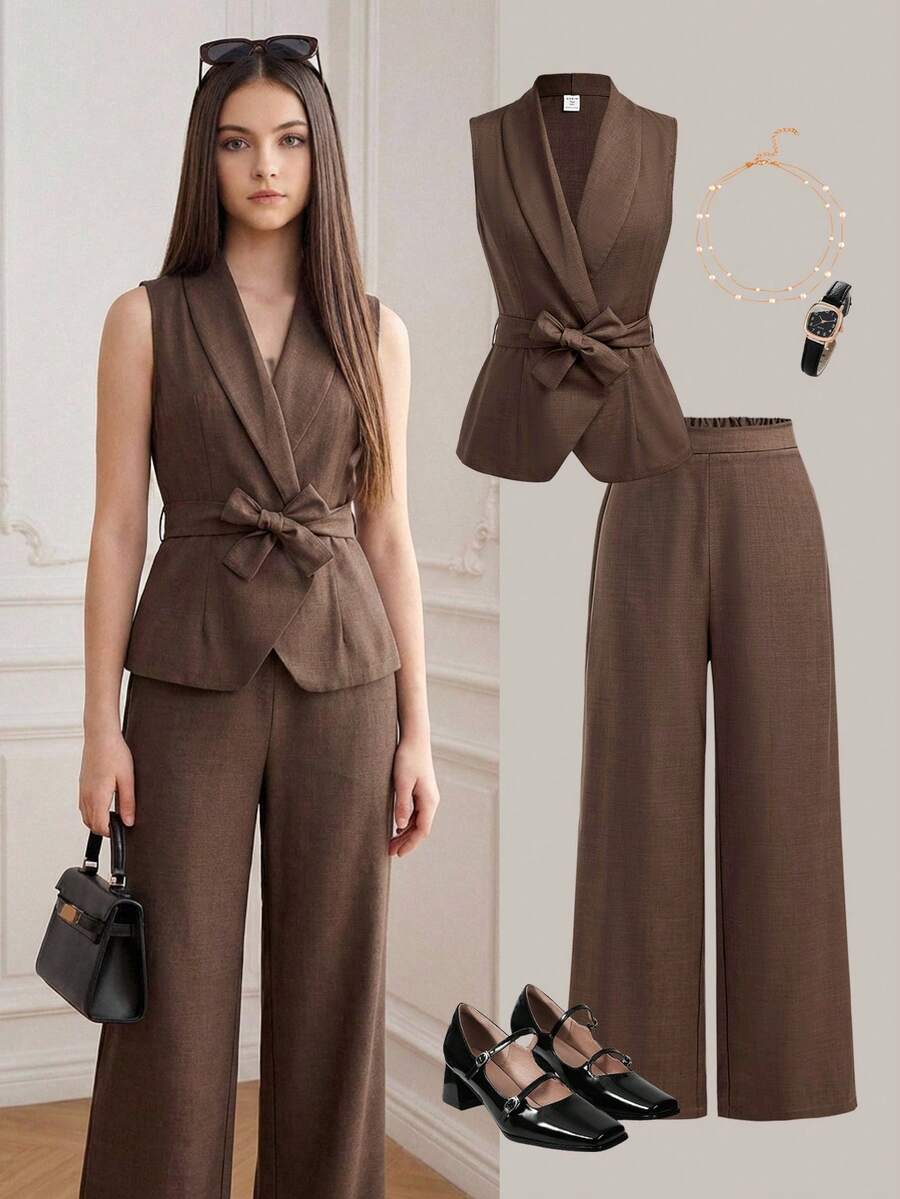 SHEIN Girlism 儿童青少年女孩两件套套装，卡其色翻领无袖西装外套和裤子，适合夏季正式场合，优雅，派对，约会，重要家庭聚会。棕色无袖马甲，棕色两件套，棕色阔腿裤，女士棕色套装，棕色裤装，棕色套装，女士棕色无袖套装，棕色马甲裤套装，女士棕色西装套装，女士棕色套装，母亲节套装 - 咖啡棕 - 查看 1
