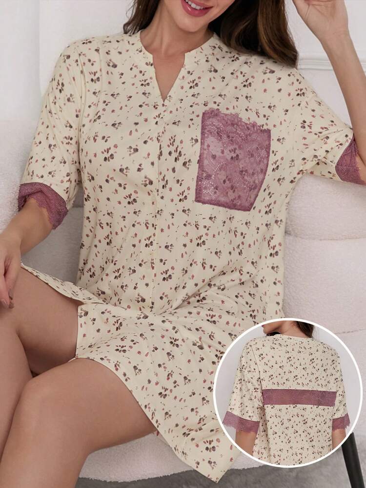 Women's Floral Print Notch Neck Lace Patchwork Short Sleeve Nightgown