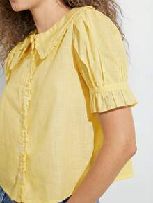 WESTFADE 100% Cotton Ruffle Collar Short Puff Sleeve Button Up Shirt Casual Cute Top, Spring, Summer, Casual, Cute, Boho, Nashville, Vacation, Beach, Rodeo, Country Concert Outfit, Nashville - Light Yellow - View 5