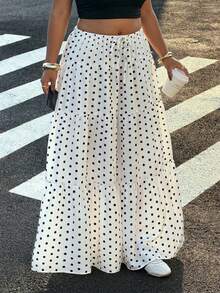 Muchica Plus Size Women Black & White Polka Dot Print Ruffle Hem Skirt - Black and White - View 3