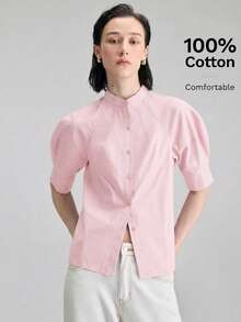 Ontre 淺粉色夏季休閒女式辦公襯衫，梭織布料，泡泡袖，前排鈕扣，寬鬆版型，優雅教師風都市時尚襯衫 - 粉色 - 查看 3