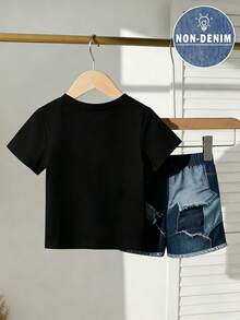 Set de 2 piezas Conjunto de niño pequeño con estampado de perro de dibujos animados, camiseta de cuello redondo de manga corta y pantalones cortos deportivos casuales, adecuado para fiestas, festivales, uso primavera/verano - Multicolor - Ver 2