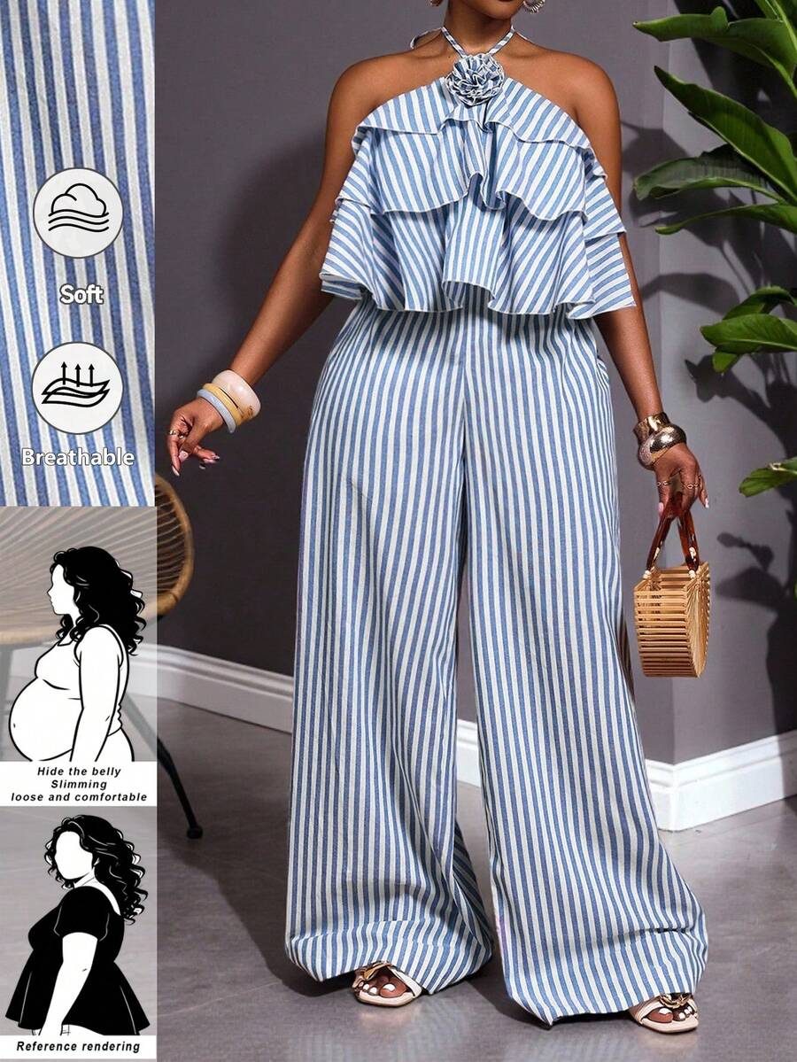 SHEIN CURVE+ 大码女装/秋季服装/秋季女装/冬季女装/冬季女装大码条纹印花荷叶边吊带连体衣 - 藍色 - 查看 1