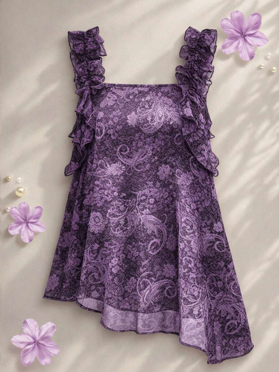 Franclia Plus Size Women Vintage Vacation Vibe Slimming Asymmetrical Hem Floral Print Camisole Tank Top, Odpowiedni na wiosnę, lato i jesień Uroczy Top Estetyczne Topy Top z nadrukiem Paisley Damskie Topy na lato Topy dla kobiet Letnie śliczne koronkowe topy na ramiączkach Najnowsze topy dla kobiet Nowości Dziewczęce topy dla kobiet - Wielokolorowe - Zobacz 1