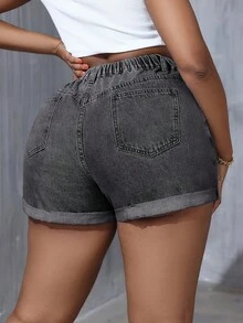 SHEIN SXY 大码简约日常牛仔短裤 - 灰色 - 查看 2