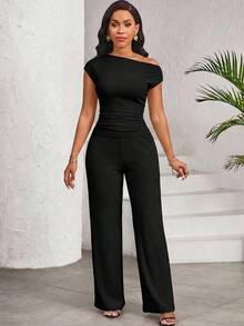 SHEIN Lady Setelan 2 Potong Atasan dan Celana Panjang Leher Asimetris Warna Polos Kasual Musim Panas untuk Wanita - Hitam - View 4