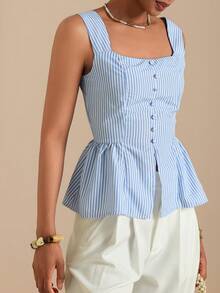 SHEIN Veneréa 女士条纹褶皱休闲百搭日常上衣 - 藍白色 - 查看 1