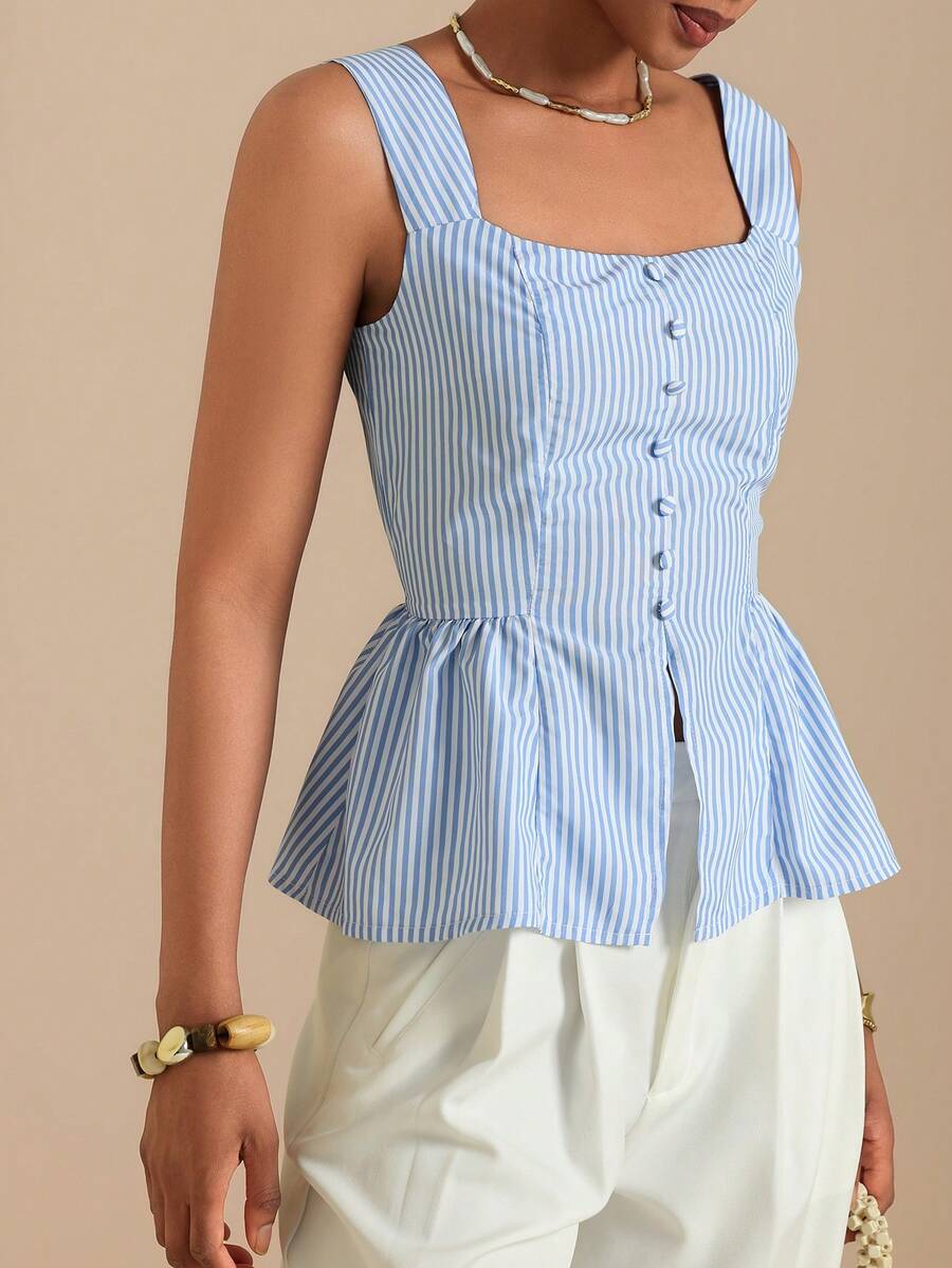 SHEIN Veneréa 女士条纹褶皱休闲百搭日常上衣 - 藍白色 - 查看 1