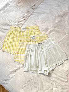 Napfluff Bộ 3 món quần pajama kẻ caro rộng rãi, thân thiện với da dành cho nữ, thích hợp mặc ở nhà. - Màu vàng - Xem 7