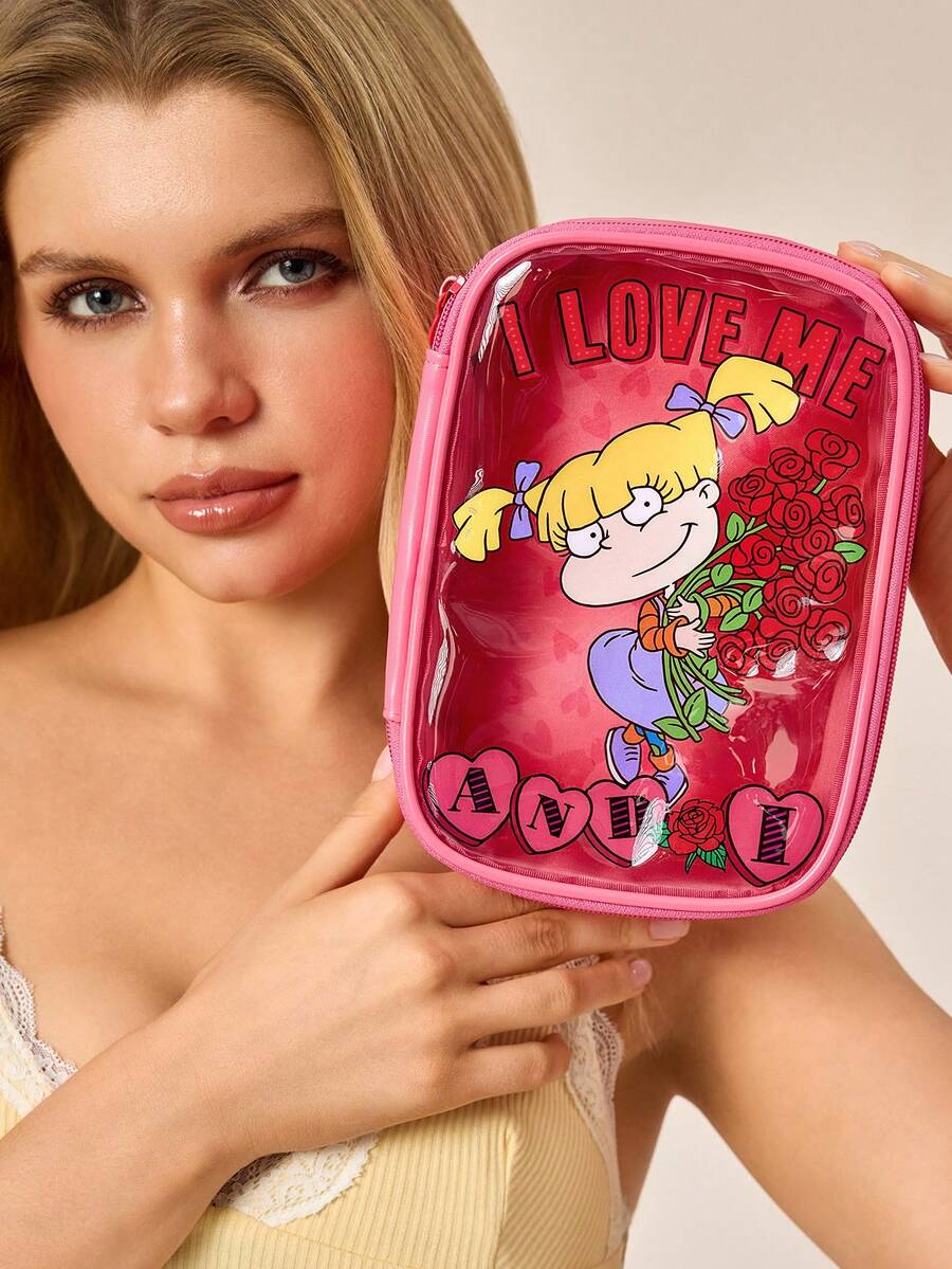 Nick 90s | SHEIN 1 Túi đựng mỹ phẩm PVC dung tích lớn in hình hoạt hình, túi đựng đồ đa năng, thích hợp cho nhu cầu hàng ngày, du lịch, văn phòng, trang điểm, học tập, phù hợp cho cả nam và nữ ở mọi lứa tuổi, Love, Nick90s - Hồng - Xem 1
