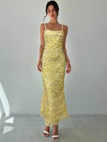 Firerie Women's Elegant Summer Wedding Guest Party Cocktail Dress, Yellow Sequin Embroidered Spaghetti Strap, Fitted Silhouette, Back Slit Hem, Long - Yellow - View 1