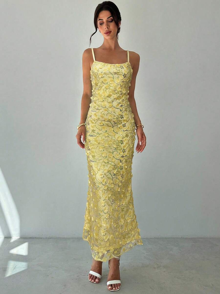Firerie Women's Elegant Summer Wedding Guest Party Cocktail Dress, Yellow Sequin Embroidered Spaghetti Strap, Fitted Silhouette, Back Slit Hem, Long - Yellow - View 1