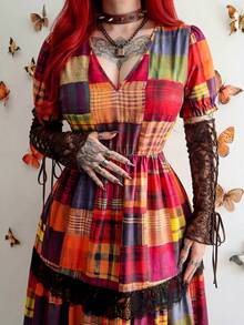 Whyspr Plus Size Vintage Plaid & Floral Print Contrast Lace Vacation Dress, Spring/Summer - Multicolor - View 5
