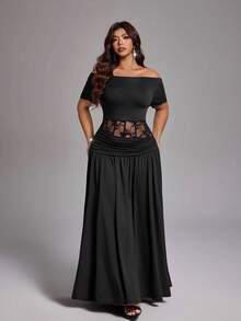 Viva Relle Off-Shoulder Waist Hollow-Out Lace Short Sleeve Waist Cinching Dress - Black - View 1