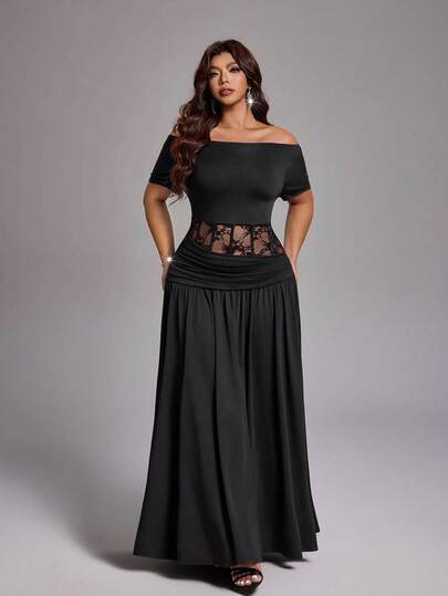 Viva Relle Off-Shoulder Waist Hollow-Out Lace Short Sleeve Waist Cinching Dress