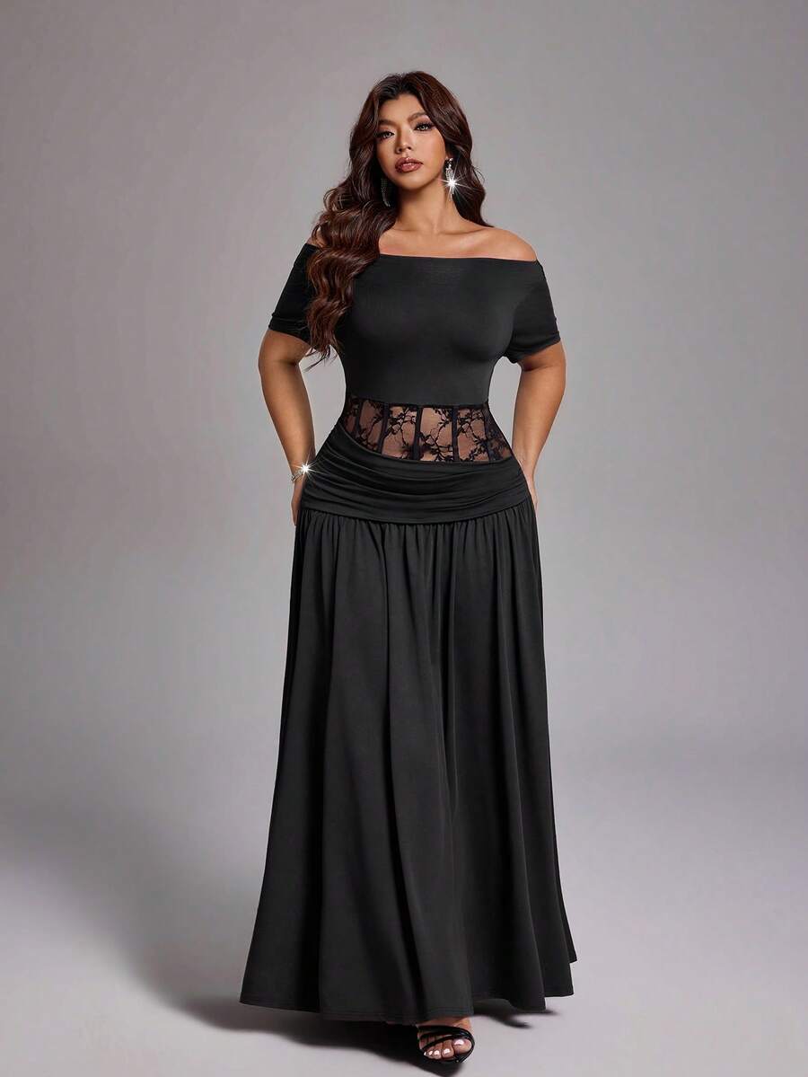 Viva Relle Off-Shoulder Waist Hollow-Out Lace Short Sleeve Waist Cinching Dress - Black - View 1
