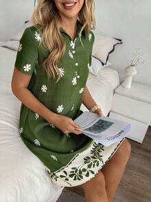 EMERY ROSE Women's Floral Print Short Sleeve Casual Comfortable Shirt Dress - Green - View 5
