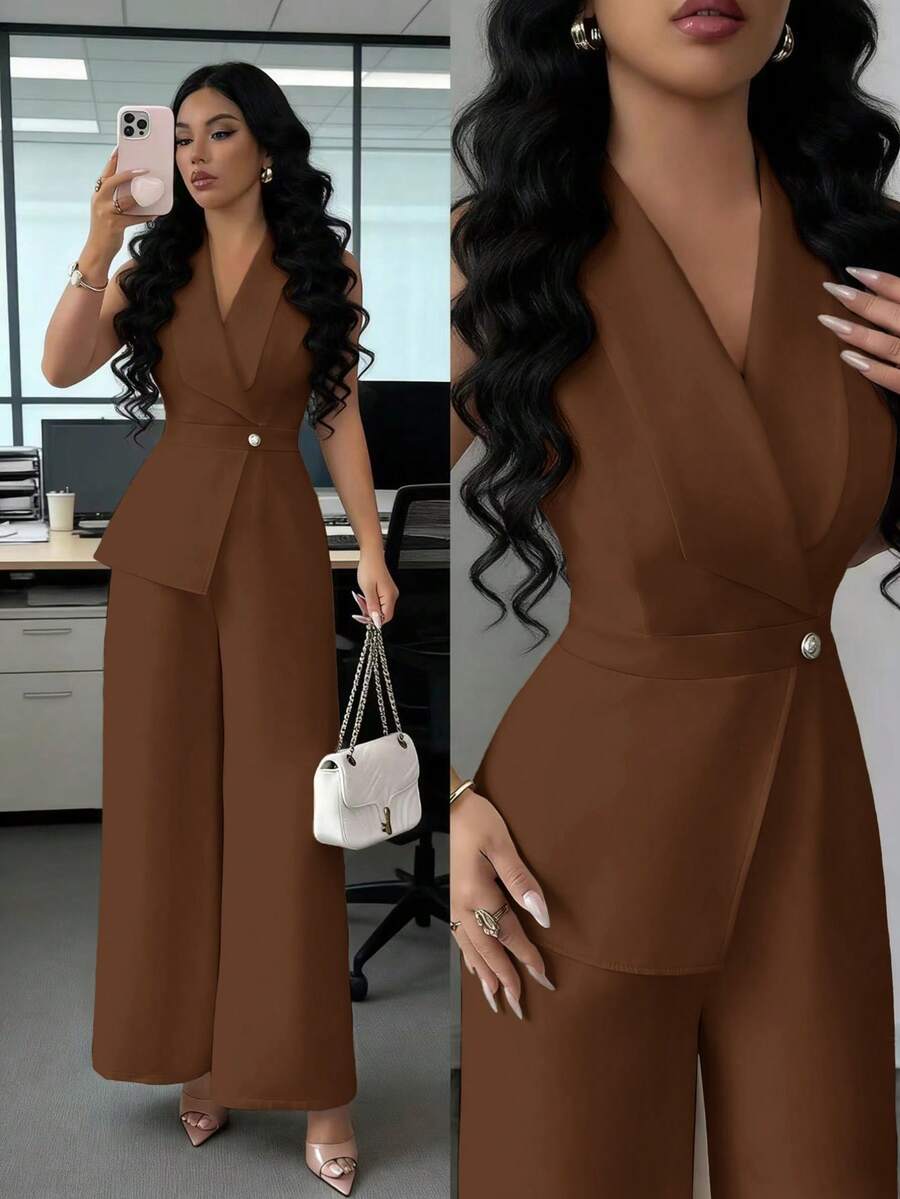 Elenzga Áo blazer cổ chữ V màu mơ trơn, thiết kế thắt eo, trang phục công sở thanh lịch, phù hợp cho công việc, họp hành, đi học, ngày lễ tình nhân, ngày lao động, lễ Phục sinh, du lịch, phong cách đường phố thường ngày, bộ jumpsuit mùa xuân/hè. - Cà phê nâu - Xem 1