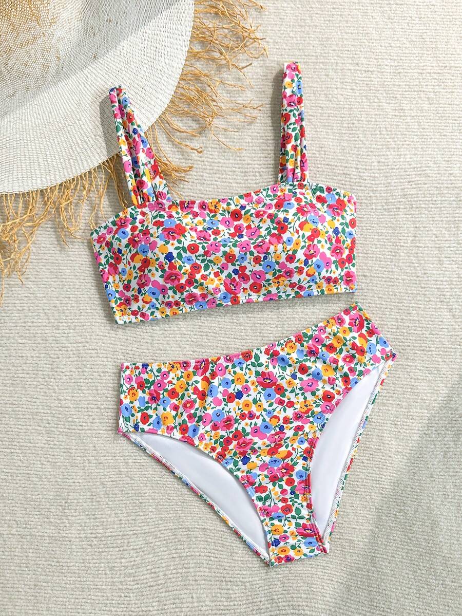 SHEIN Bộ đồ bơi tankini họa tiết hoa nhí dành cho thiếu nữ, thích hợp cho kỳ nghỉ hè ở bãi biển. - Nhiều màu - Xem 1