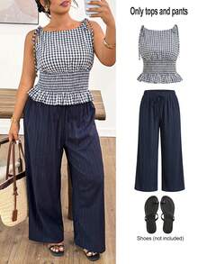 Lounesse Bộ đồ nữ cỡ lớn gồm áo kẻ caro có thắt eo và quần kẻ caro, màu xanh navy, kiểu dáng thường ngày, phù hợp đi làm. - Màu xanh hải quân - Xem 9