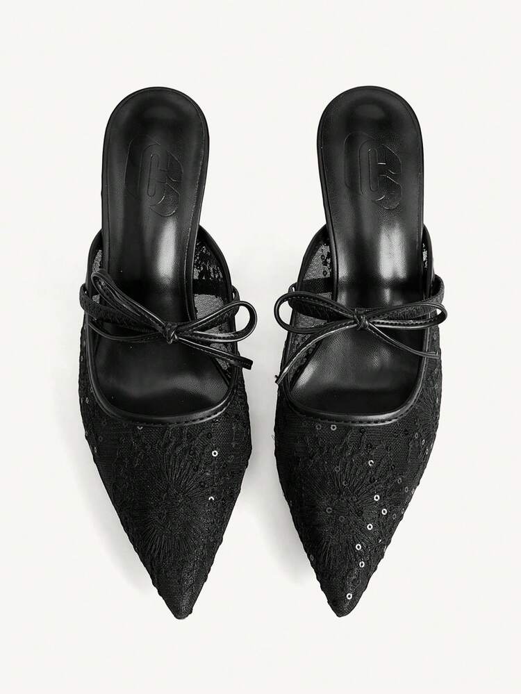 CUCCOO CHICEST Women Shoes Pointed Stiletto Black Lace Mesh Bow Elegant And Comfortable Daily Versatile Women's High Heel Shoes Mule Shoes Temperament Fashion Party Wedding Banquet Women's Shoes