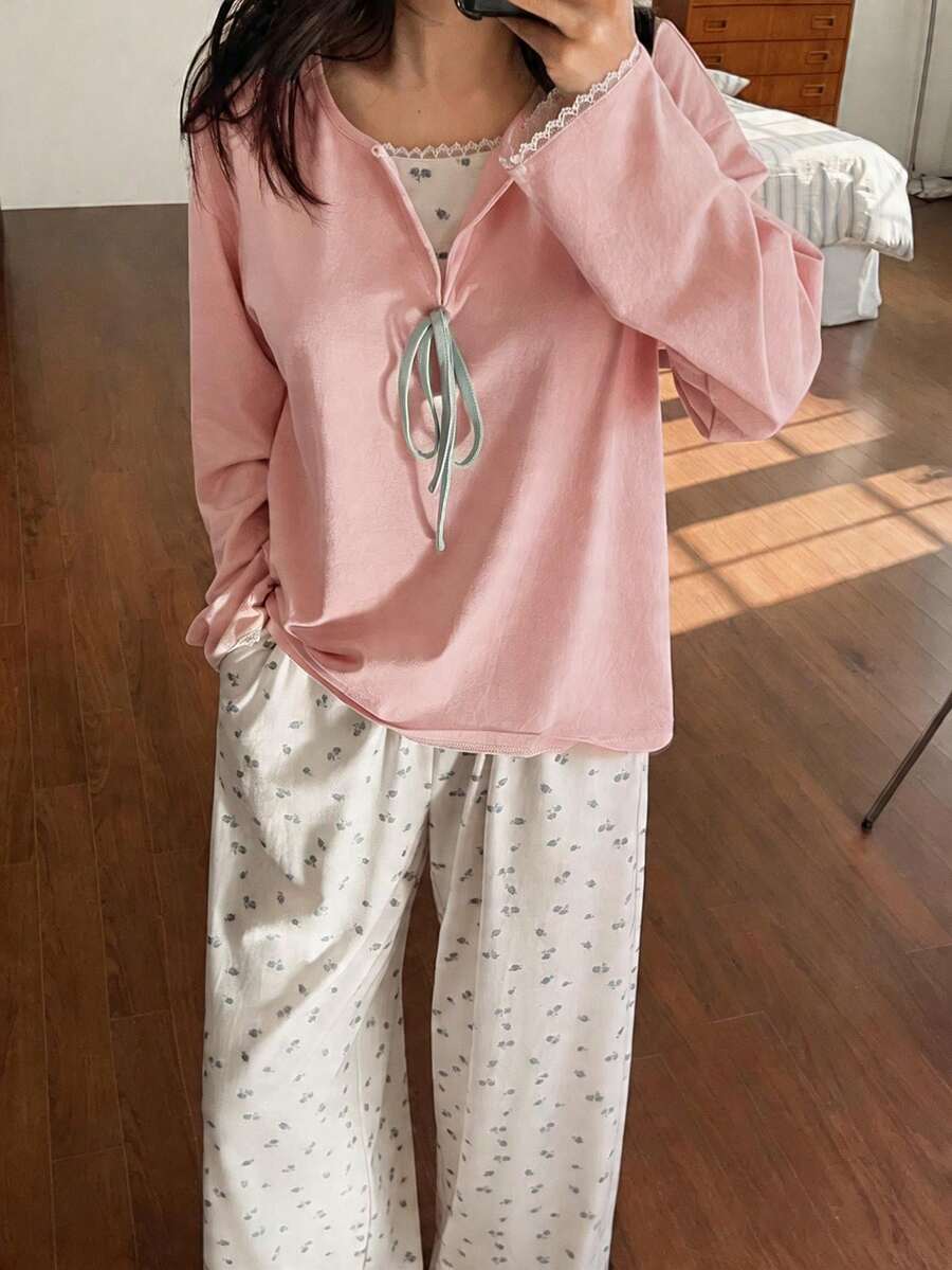 DAZY 2件套女士春季睡衣套装,带系带领蝴蝶结碎花图案,二合一 - 淺粉色 - 查看 1