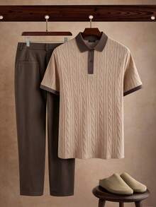 Manfinity CasualCool 男士夏季休闲通勤纹理饰边短袖 Polo 衫和短裤套装 - 棕色 - 查看 5