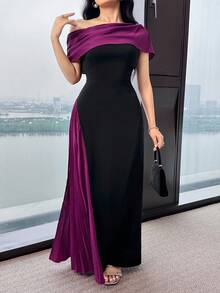 Feyla 女士优雅派对拼色褶皱不对称肩长裙 - 彩色 - 查看 4