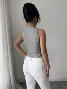 Chaleco ajustado de mujer con estampado de rayas, de un solo pecho, adecuado para uso diario y para ir al trabajo, verano - Negro - Ver 4