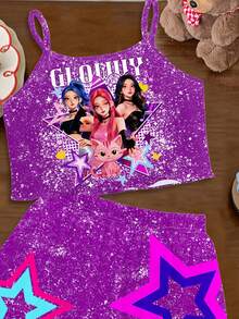 SHEIN 卡通女孩，多巴胺紫色大星星图案，K-Pop 超级巨星，轻松休闲，适合夏季的年轻女孩休闲简约吊带背心和短裤家居服，轻松夏日，度假氛围，阳光之旅，春季休闲装，夏季度假 - 彩色 - 查看 3