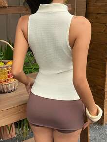 SHEIN EZwear 女士纯色系带休闲百搭日常上衣 - 杏色 - 查看 3