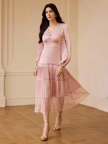 ZEYLAH Women's Lace Patchwork Pleated Waist Fitted Dress, Autumn/Winter - Pink - View 5